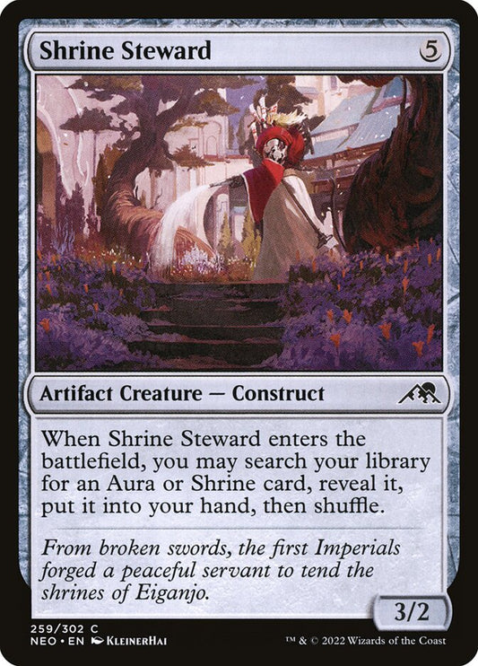 This Is An Image Of The Magic The Gathering Card Shrine Steward From The Set Kamigawa: Neon Dynasty - Designed By Artist kleinerHai