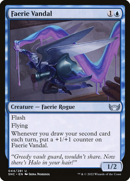 This Is An Image Of The Magic The Gathering Card Faerie Vandal From The Set Streets of New Capenna - Designed By Artist Irina Nordsol