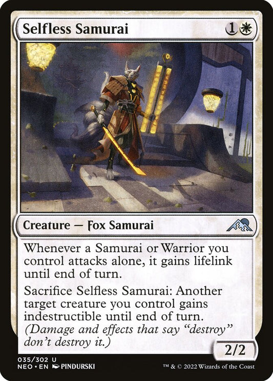 This Is An Image Of The Magic The Gathering Card Selfless Samurai From The Set Kamigawa: Neon Dynasty - Designed By Artist PINDURSKI