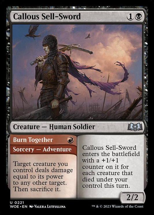 This Is An Image Of The Magic The Gathering Card Callous Sell-Sword // Burn Together From The Set Wilds of Eldraine - Designed By Artist Valera Lutfullina