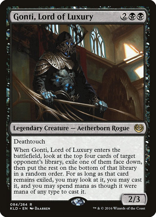 This Is An Image Of The Magic The Gathering Card Gonti, Lord of Luxury From The Set Outlaws of Thunder Junction Commander - Designed By Artist Daarken