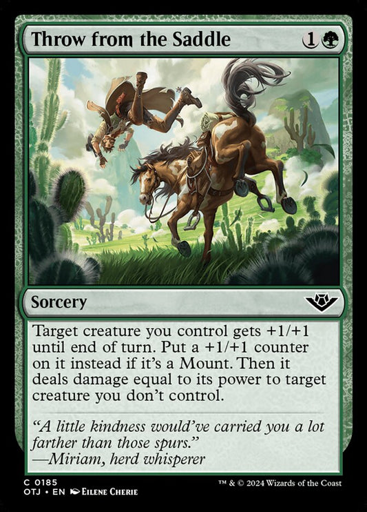 This Is An Image Of The Magic The Gathering Card Throw from the Saddle From The Set Outlaws of Thunder Junction - Designed By Artist Eilene Cherie