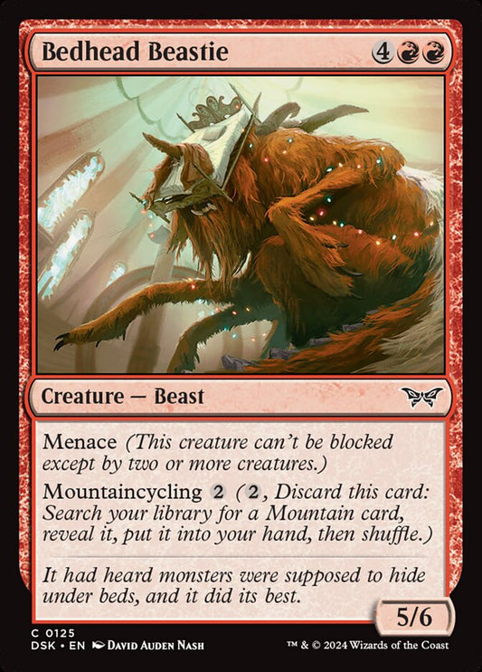 This Is An Image Of The Magic The Gathering Card Bedhead Beastie From The Set Duskmourn: House of Horror - Designed By Artist David Auden Nash