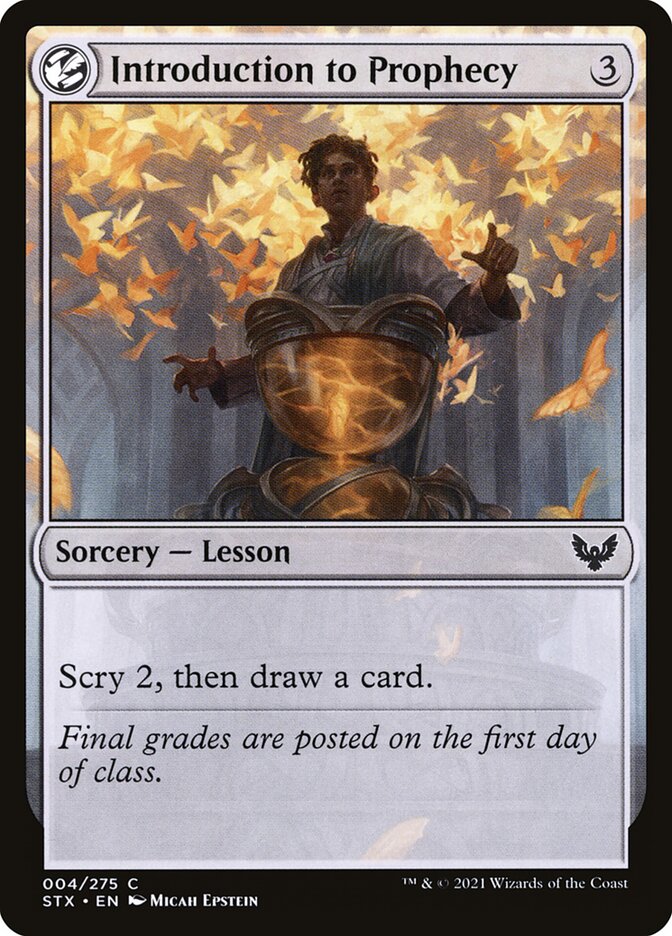 This Is An Image Of The Magic The Gathering Card Introduction to Prophecy From The Set Strixhaven: School of Mages - Designed By Artist Micah Epstein