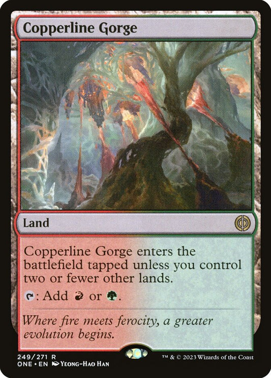 This Is An Image Of The Magic The Gathering Card Copperline Gorge From The Set Phyrexia: All Will Be One - Designed By Artist Yeong-Hao Han