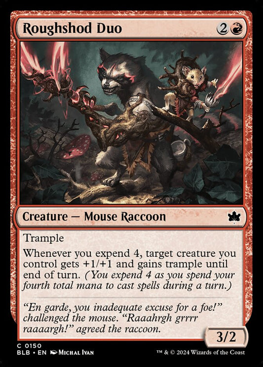 This Is An Image Of The Magic The Gathering Card Roughshod Duo From The Set Bloomburrow - Designed By Artist Michal Ivan