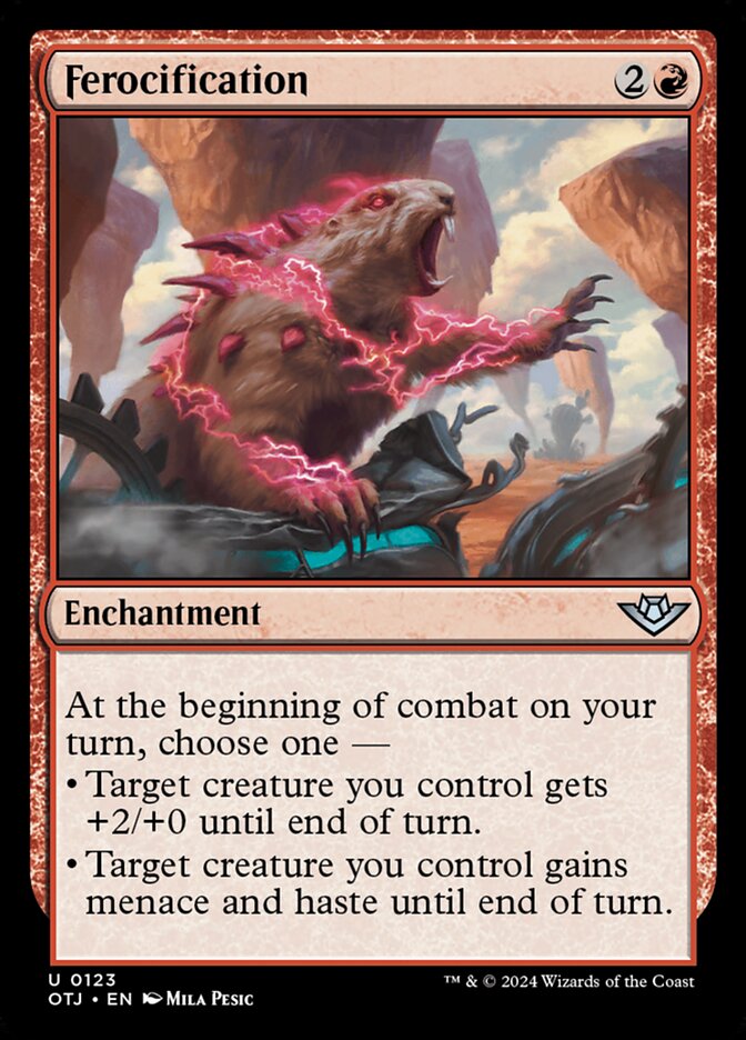 This Is An Image Of The Magic The Gathering Card Ferocification From The Set Outlaws of Thunder Junction - Designed By Artist Mila Pesic