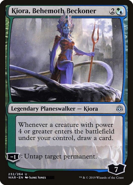 This Is An Image Of The Magic The Gathering Card Kiora, Behemoth Beckoner From The Set War of the Spark - Designed By Artist Jaime Jones