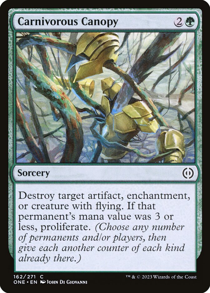 This Is An Image Of The Magic The Gathering Card Carnivorous Canopy From The Set Phyrexia: All Will Be One - Designed By Artist John Di Giovanni