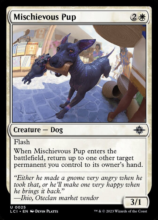 This Is An Image Of The Magic The Gathering Card Mischievous Pup From The Set Foundations - Designed By Artist Devin Platts