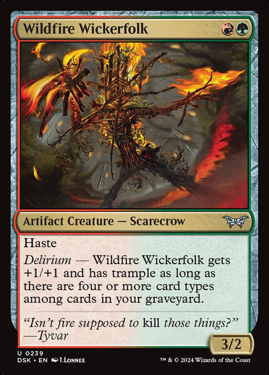 This Is An Image Of The Magic The Gathering Card Wildfire Wickerfolk From The Set Duskmourn: House of Horror - Designed By Artist J.Lonnee