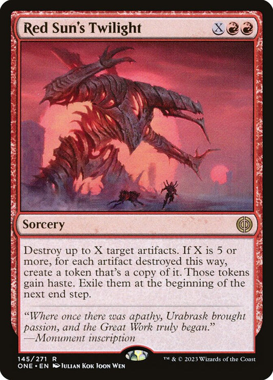 This Is An Image Of The Magic The Gathering Card Red Sun's Twilight From The Set Phyrexia: All Will Be One - Designed By Artist Julian Kok Joon Wen