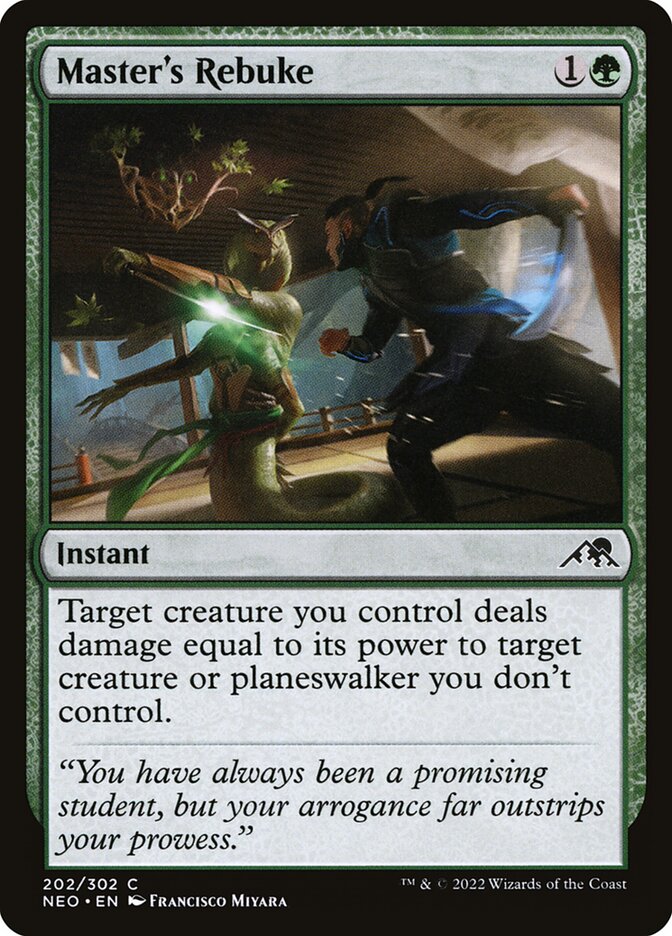 This Is An Image Of The Magic The Gathering Card Master's Rebuke From The Set Kamigawa: Neon Dynasty - Designed By Artist Francisco Miyara