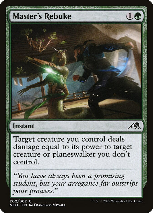 This Is An Image Of The Magic The Gathering Card Master's Rebuke From The Set Kamigawa: Neon Dynasty - Designed By Artist Francisco Miyara