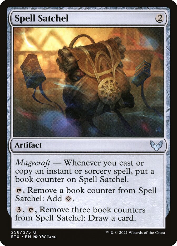 This Is An Image Of The Magic The Gathering Card Spell Satchel From The Set Strixhaven: School of Mages - Designed By Artist YW Tang