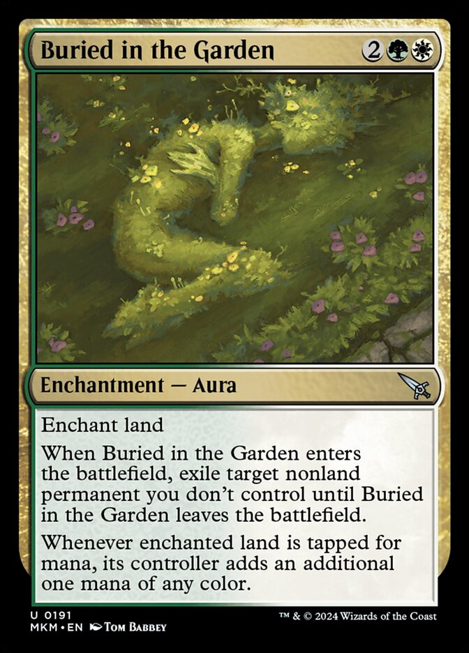 This Is An Image Of The Magic The Gathering Card Buried in the Garden From The Set Murders at Karlov Manor - Designed By Artist Tom Babbey