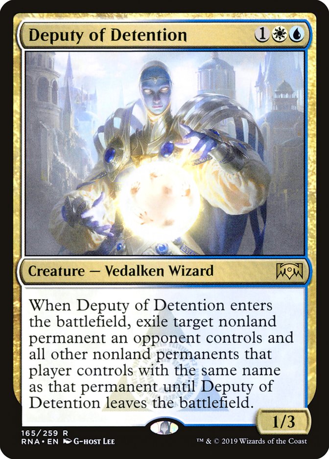 This Is An Image Of The Magic The Gathering Card Deputy of Detention From The Set Ravnica Allegiance - Designed By Artist G-host Lee