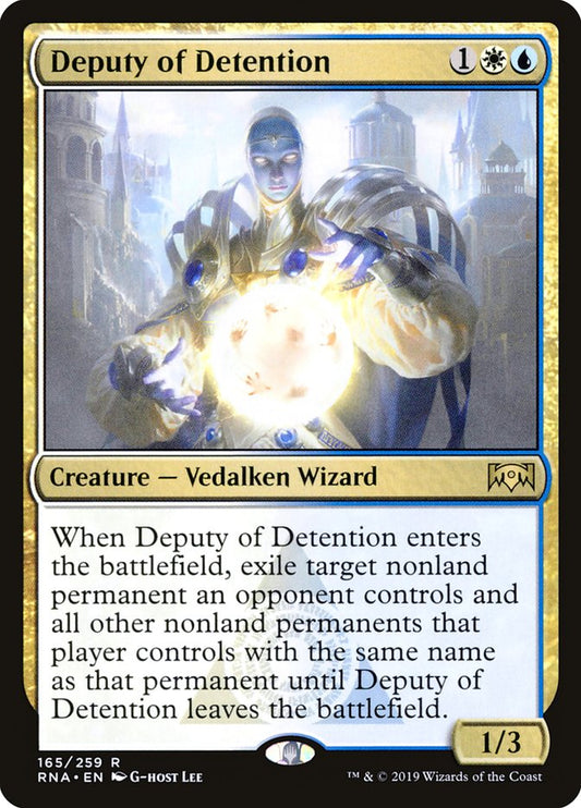This Is An Image Of The Magic The Gathering Card Deputy of Detention From The Set Ravnica Allegiance - Designed By Artist G-host Lee