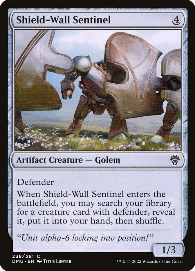 This Is An Image Of The Magic The Gathering Card Shield-Wall Sentinel From The Set Dominaria United - Designed By Artist Titus Lunter
