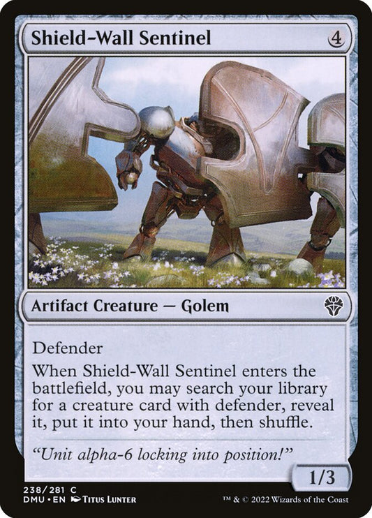 This Is An Image Of The Magic The Gathering Card Shield-Wall Sentinel From The Set Dominaria United - Designed By Artist Titus Lunter