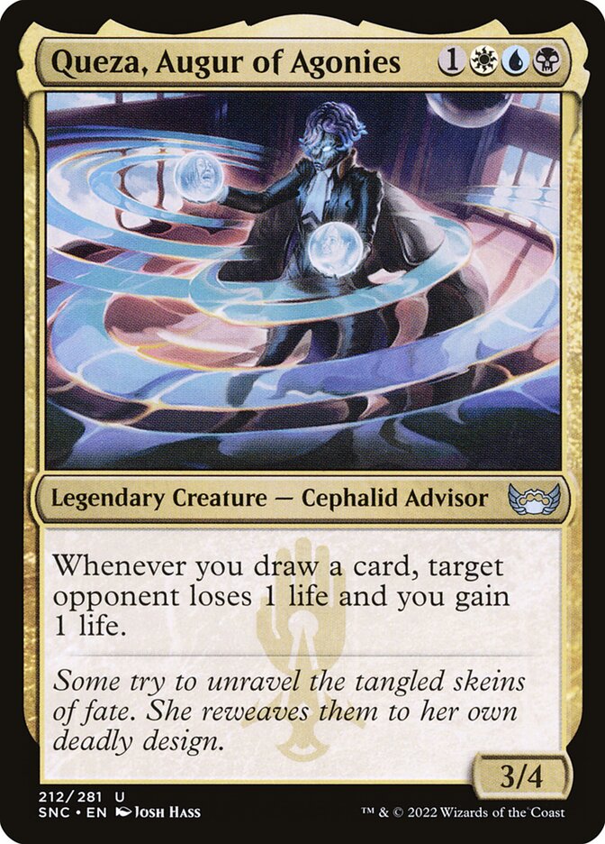 This Is An Image Of The Magic The Gathering Card Queza, Augur of Agonies From The Set Streets of New Capenna - Designed By Artist Josh Hass