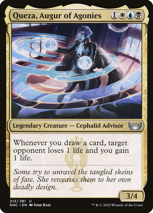 This Is An Image Of The Magic The Gathering Card Queza, Augur of Agonies From The Set Streets of New Capenna - Designed By Artist Josh Hass
