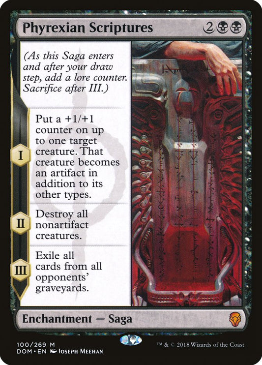 This Is An Image Of The Magic The Gathering Card Phyrexian Scriptures From The Set March of the Machine Commander - Designed By Artist Joseph Meehan