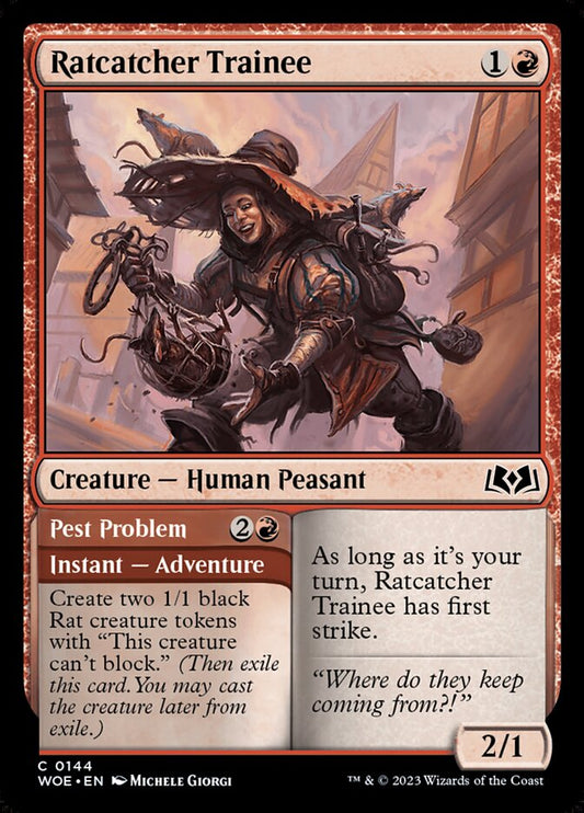 This Is An Image Of The Magic The Gathering Card Ratcatcher Trainee // Pest Problem From The Set Wilds of Eldraine - Designed By Artist Michele Giorgi