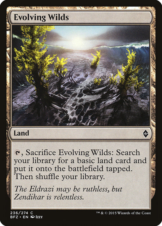 This Is An Image Of The Magic The Gathering Card Evolving Wilds From The Set Tarkir: Dragonstorm - Designed By Artist Leon Tukker