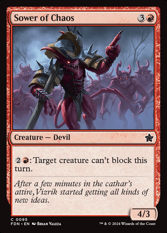This Is An Image Of The Magic The Gathering Card Sower of Chaos From The Set Foundations - Designed By Artist Brian Valeza