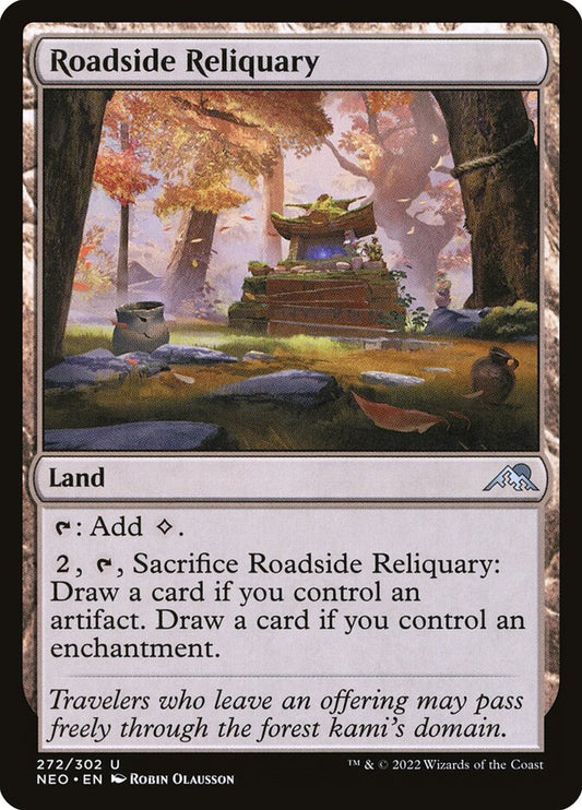 This Is An Image Of The Magic The Gathering Card Roadside Reliquary From The Set Kamigawa: Neon Dynasty - Designed By Artist Robin Olausson