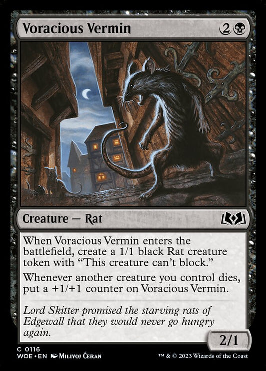 This Is An Image Of The Magic The Gathering Card Voracious Vermin From The Set Wilds of Eldraine - Designed By Artist Milivoj Ćeran