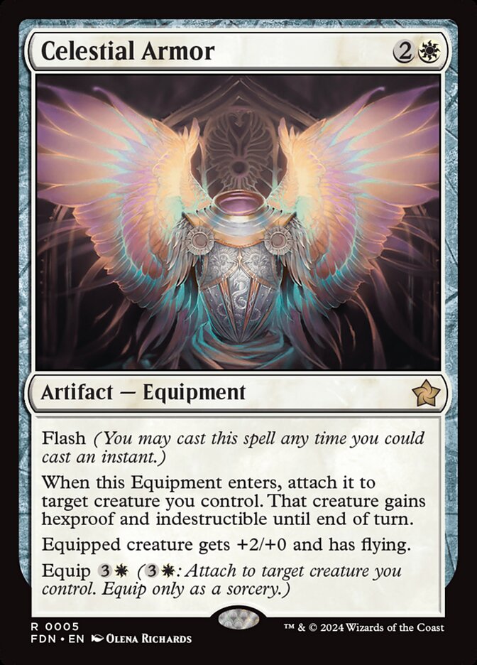 This Is An Image Of The Magic The Gathering Card Celestial Armor From The Set Foundations - Designed By Artist Olena Richards
