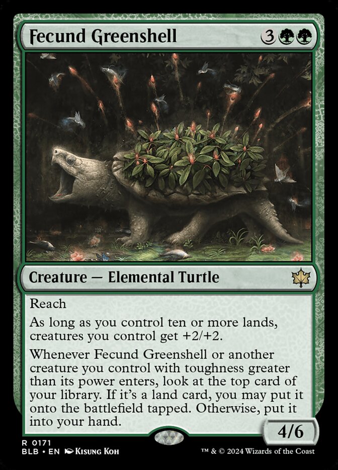 This Is An Image Of The Magic The Gathering Card Fecund Greenshell From The Set Bloomburrow - Designed By Artist Kisung Koh