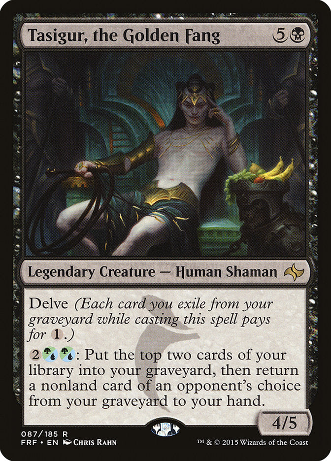 This Is An Image Of The Magic The Gathering Card Tasigur, the Golden Fang From The Set Tarkir: Dragonstorm Commander - Designed By Artist Chris Rahn