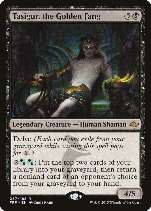 This Is An Image Of The Magic The Gathering Card Tasigur, the Golden Fang From The Set Tarkir: Dragonstorm Commander - Designed By Artist Chris Rahn