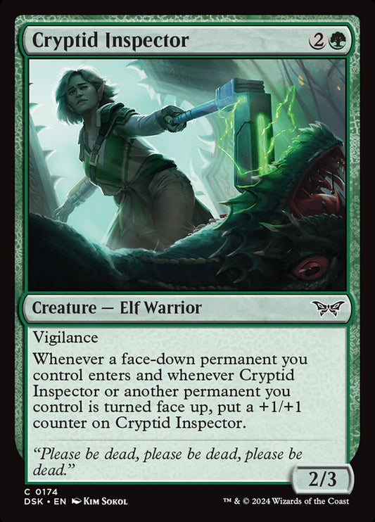 This Is An Image Of The Magic The Gathering Card Cryptid Inspector From The Set Duskmourn: House of Horror - Designed By Artist Kim Sokol