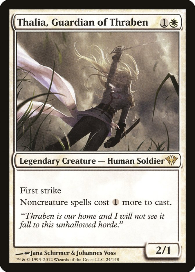 This Is An Image Of The Magic The Gathering Card Thalia, Guardian of Thraben From The Set Innistrad: Crimson Vow - Designed By Artist Magali Villeneuve