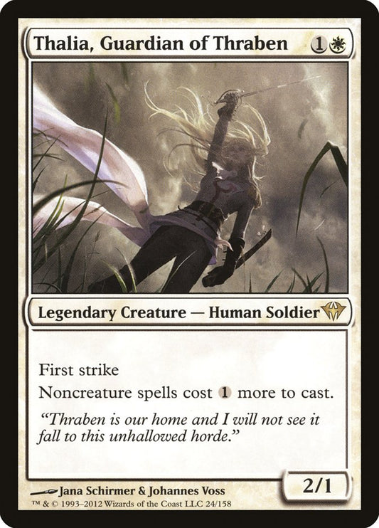 This Is An Image Of The Magic The Gathering Card Thalia, Guardian of Thraben From The Set Innistrad: Crimson Vow - Designed By Artist Magali Villeneuve