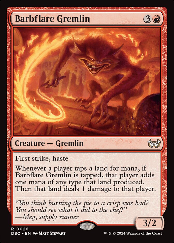 This Is An Image Of The Magic The Gathering Card Barbflare Gremlin From The Set Duskmourn: House of Horror Commander - Designed By Artist Matt Stewart