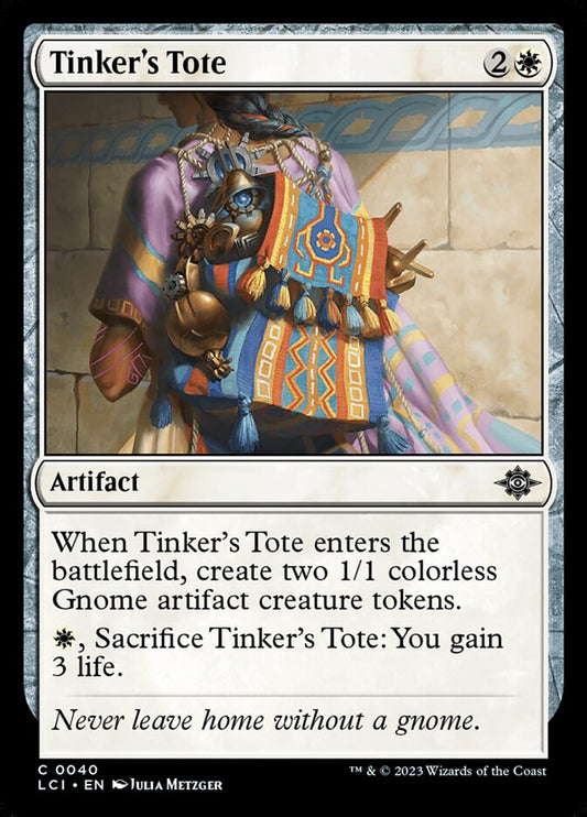 This Is An Image Of The Magic The Gathering Card Tinker's Tote From The Set The Lost Caverns of Ixalan - Designed By Artist Julia Metzger