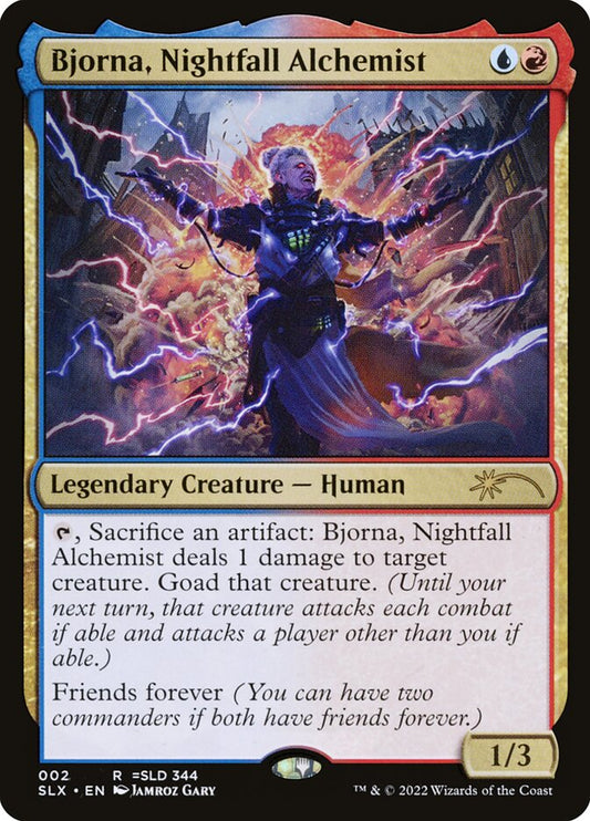 This Is An Image Of The Magic The Gathering Card Bjorna, Nightfall Alchemist From The Set Universes Within - Designed By Artist Jamroz Gary