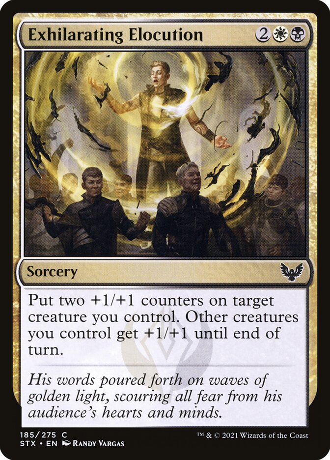 This Is An Image Of The Magic The Gathering Card Exhilarating Elocution From The Set Strixhaven: School of Mages - Designed By Artist Randy Vargas