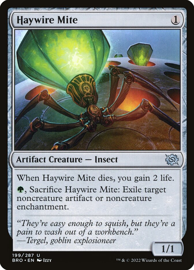 This Is An Image Of The Magic The Gathering Card Haywire Mite From The Set Duskmourn: House of Horror Commander - Designed By Artist Izzy