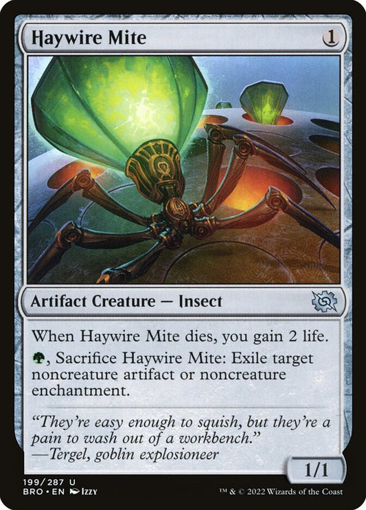 This Is An Image Of The Magic The Gathering Card Haywire Mite From The Set Duskmourn: House of Horror Commander - Designed By Artist Izzy