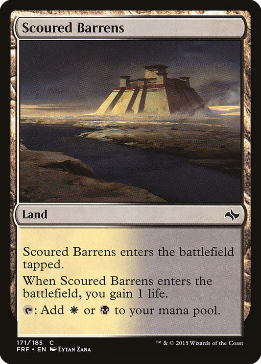 This Is An Image Of The Magic The Gathering Card Scoured Barrens From The Set Tarkir: Dragonstorm - Designed By Artist Brent Hollowell