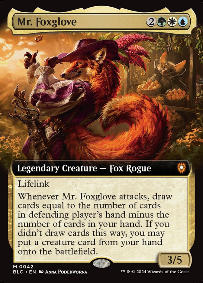 This Is An Image Of The Magic The Gathering Card Mr. Foxglove From The Set Bloomburrow Commander - Designed By Artist Anna Podedworna