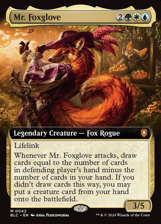This Is An Image Of The Magic The Gathering Card Mr. Foxglove From The Set Bloomburrow Commander - Designed By Artist Anna Podedworna