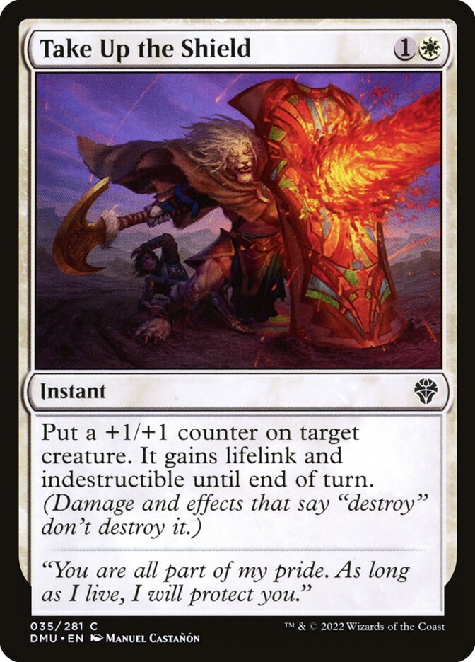 This Is An Image Of The Magic The Gathering Card Take Up the Shield From The Set Outlaws of Thunder Junction - Designed By Artist Josiah "Jo" Cameron