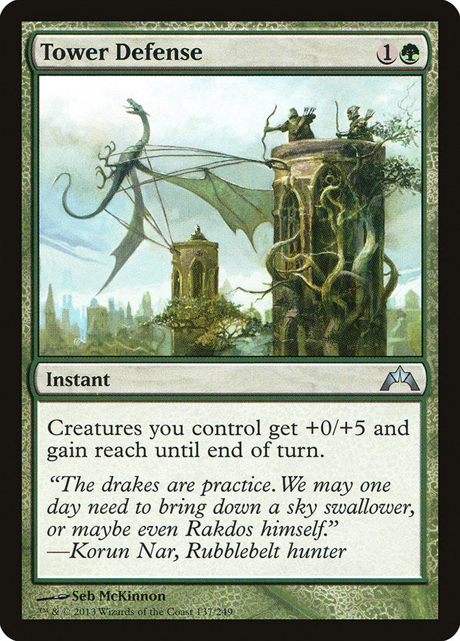 This Is An Image Of The Magic The Gathering Card Tower Defense From The Set Tarkir: Dragonstorm Commander - Designed By Artist Craig J Spearing